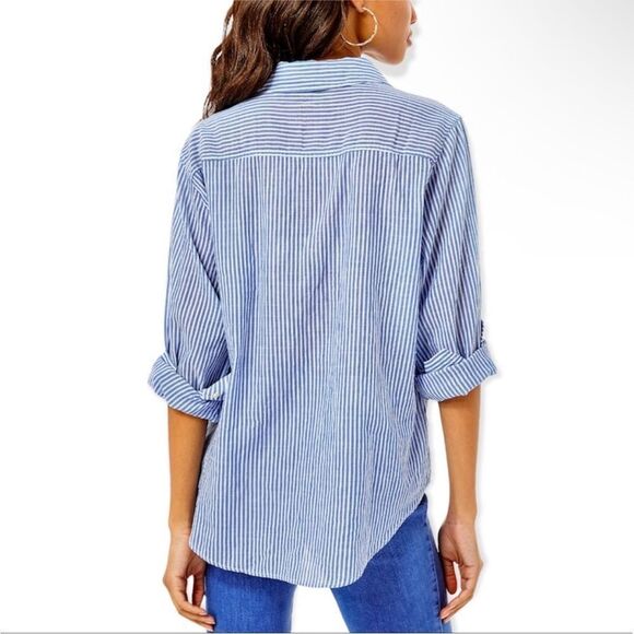 LILLY PULITZER | Sea View Button Down Coastal Blue & White Stripe Top Women’s M - Picture 2 of 14